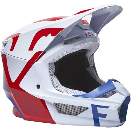 FOX V1 SKEW HELMET ECE 2022 COLOUR WHITE / RED / BLUE 27999-574 -  MotocrossCenter.com